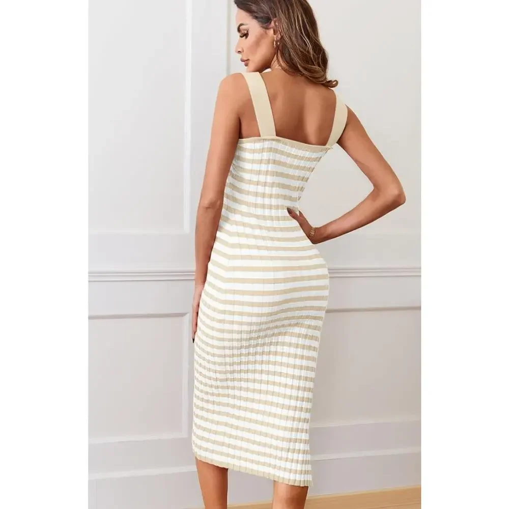 Merokeety White Tan Striped Knit Dress XS New - Picture 2 of 5